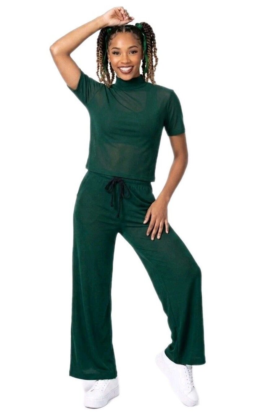Womens 2pc Dance Pants Top Set Green Mockneck Semi-transparent Size CL/ Adult XS